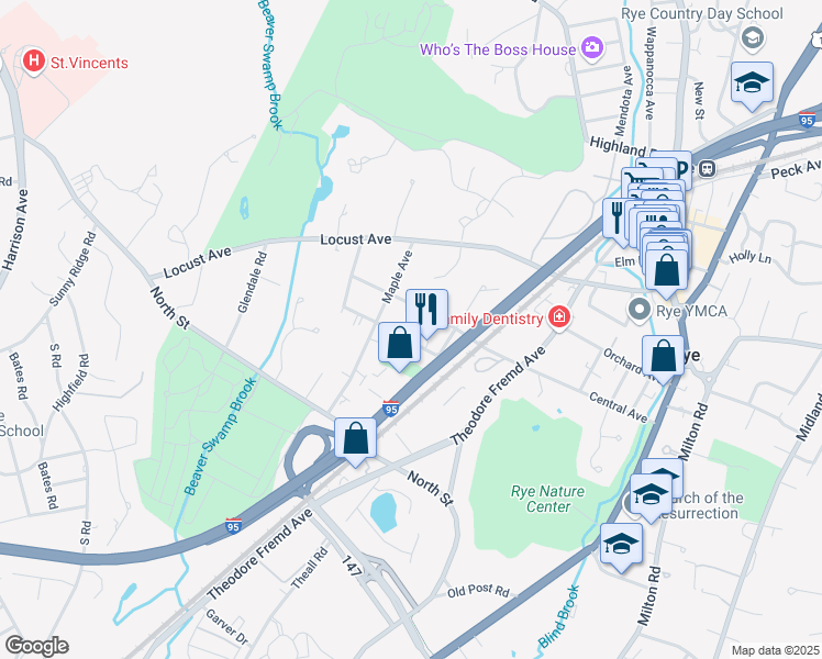 map of restaurants, bars, coffee shops, grocery stores, and more near 38 High Street in Rye