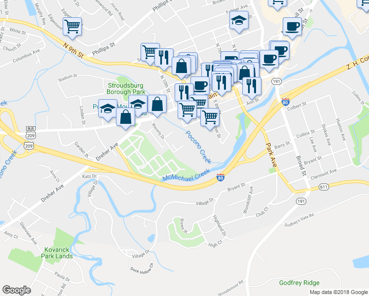map of restaurants, bars, coffee shops, grocery stores, and more near 84 Waverly Drive in Stroudsburg