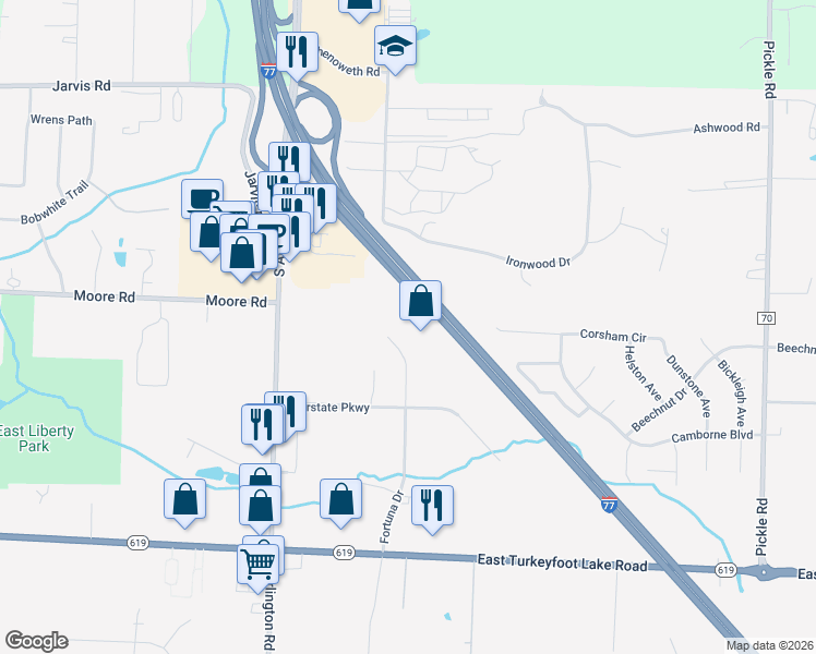 map of restaurants, bars, coffee shops, grocery stores, and more near 3325 Fortuna Drive in Akron