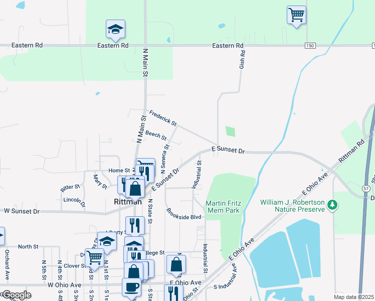 map of restaurants, bars, coffee shops, grocery stores, and more near 155 East Sunset Drive in Rittman