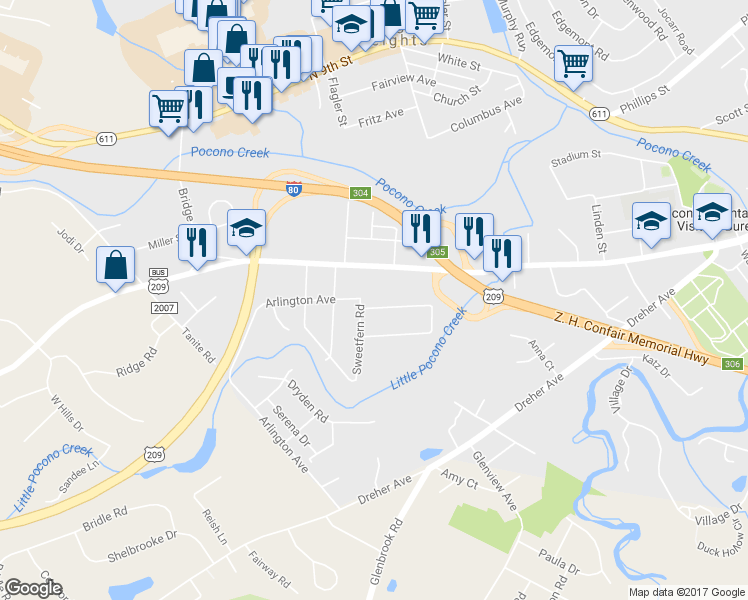 map of restaurants, bars, coffee shops, grocery stores, and more near 1760 Honeysuckle Lane in Stroudsburg
