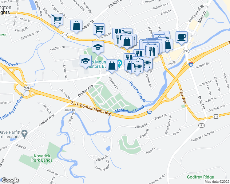 map of restaurants, bars, coffee shops, grocery stores, and more near 100 Ed Christine Drive in Stroudsburg