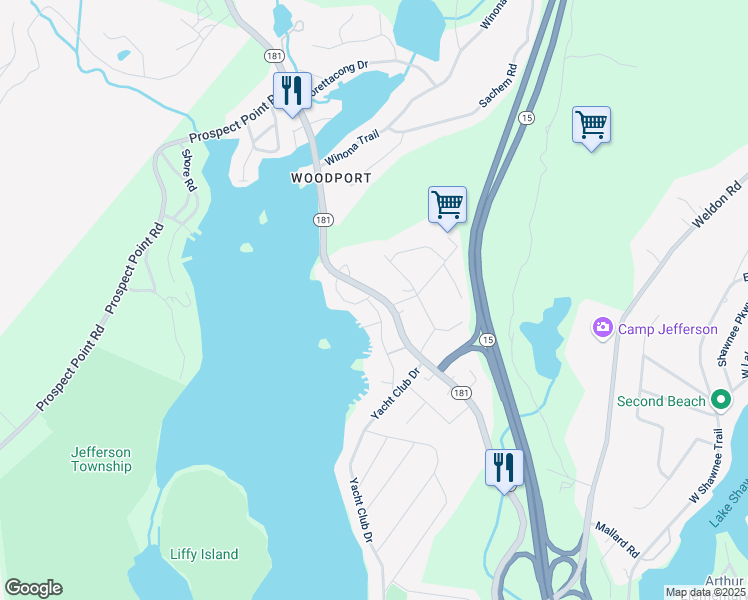 map of restaurants, bars, coffee shops, grocery stores, and more near 36 Alpine Drive in Jefferson