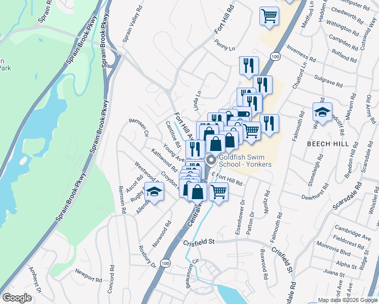 map of restaurants, bars, coffee shops, grocery stores, and more near 42 Young Avenue in Yonkers