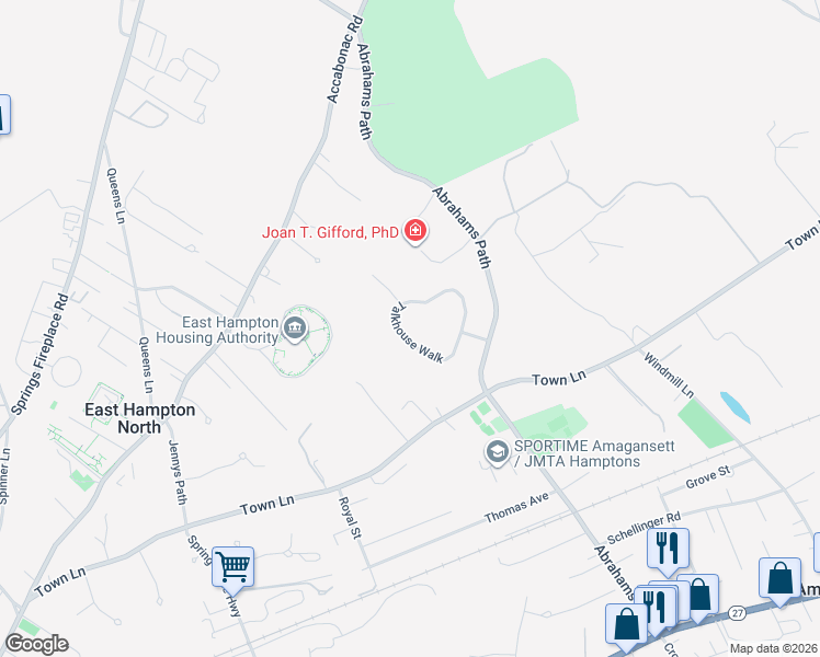 map of restaurants, bars, coffee shops, grocery stores, and more near 25 Talkhouse Walk in East Hampton