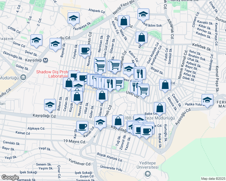 map of restaurants, bars, coffee shops, grocery stores, and more near 34 Rumeli Caddesi in Ataşehir