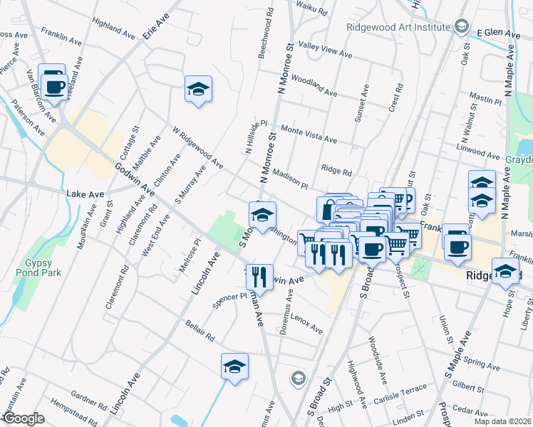 map of restaurants, bars, coffee shops, grocery stores, and more near 25 South Monroe Street in Ridgewood