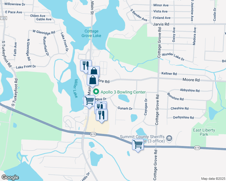 map of restaurants, bars, coffee shops, grocery stores, and more near 111 Magua Dr in Akron