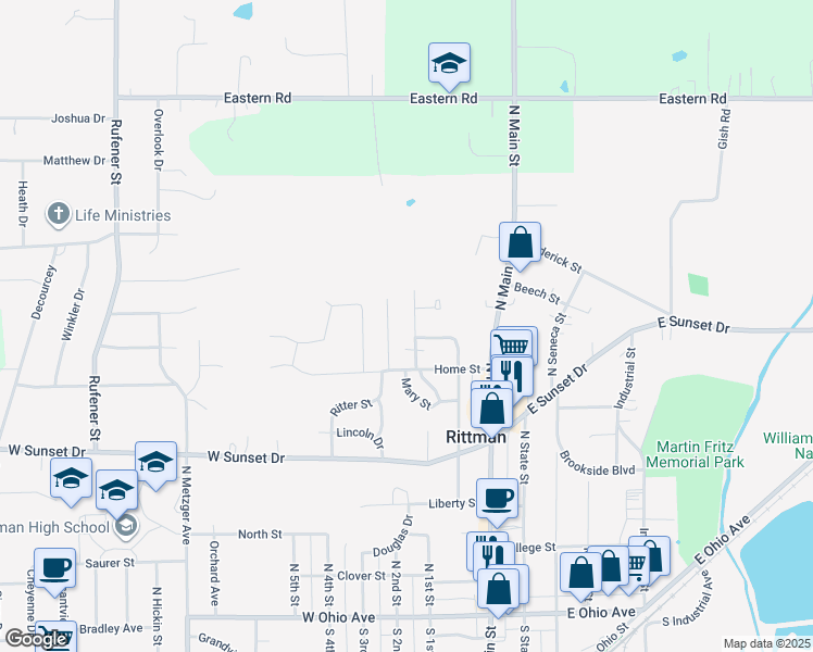map of restaurants, bars, coffee shops, grocery stores, and more near 307 Villa Street in Rittman