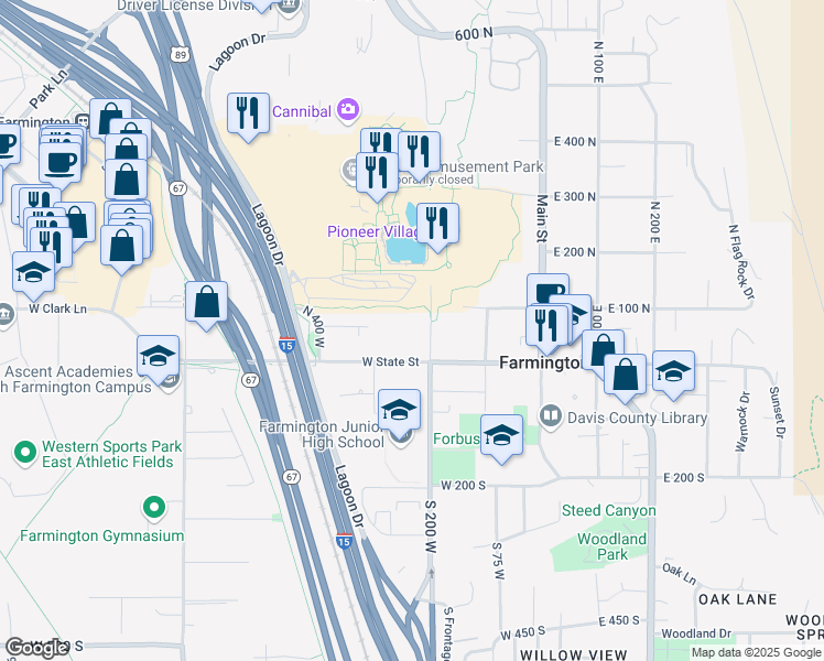 map of restaurants, bars, coffee shops, grocery stores, and more near 33 North 200 West in Farmington