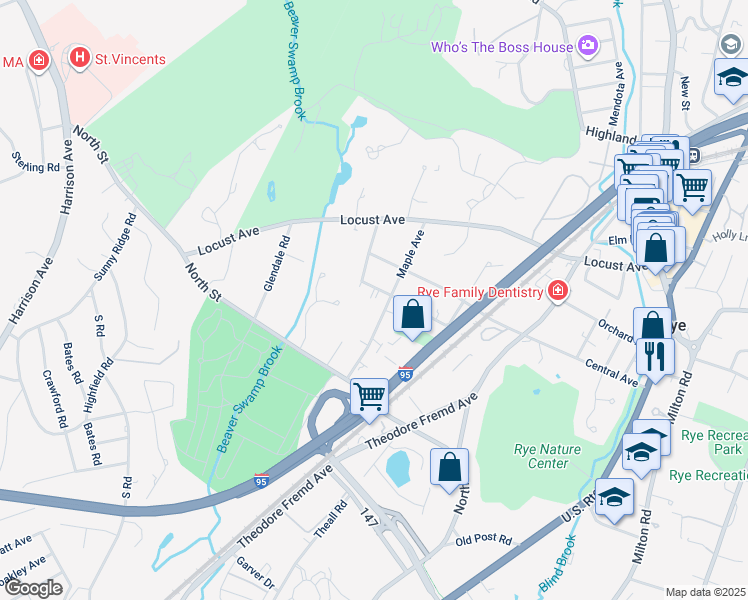 map of restaurants, bars, coffee shops, grocery stores, and more near 65 High Street in Rye