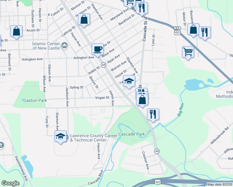 map of restaurants, bars, coffee shops, grocery stores, and more near 839 Vogan Street in New Castle