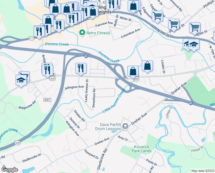 map of restaurants, bars, coffee shops, grocery stores, and more near 1724 Honeysuckle Lane in Stroudsburg
