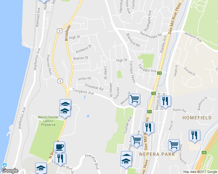 map of restaurants, bars, coffee shops, grocery stores, and more near 47 James Street in Hastings-on-Hudson