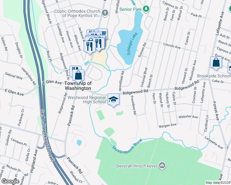 map of restaurants, bars, coffee shops, grocery stores, and more near 660 Ridgewood Road in Township of Washington