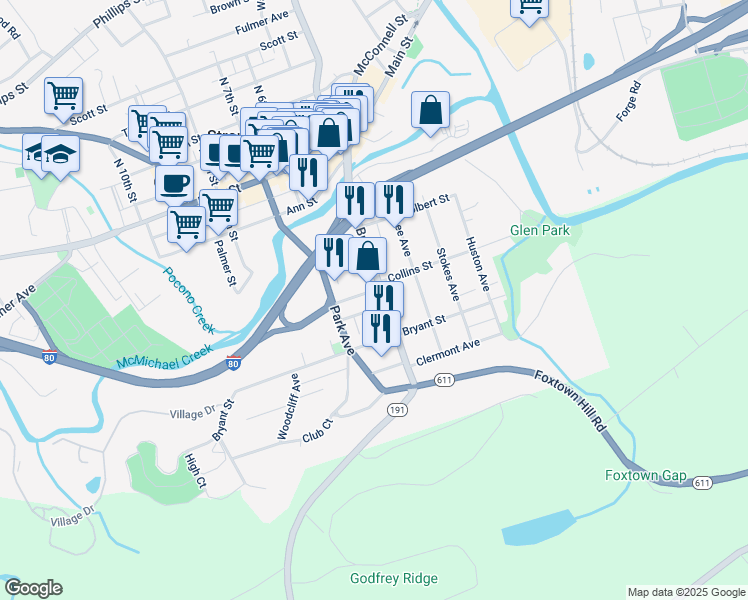 map of restaurants, bars, coffee shops, grocery stores, and more near 107 Broad Street in Stroudsburg
