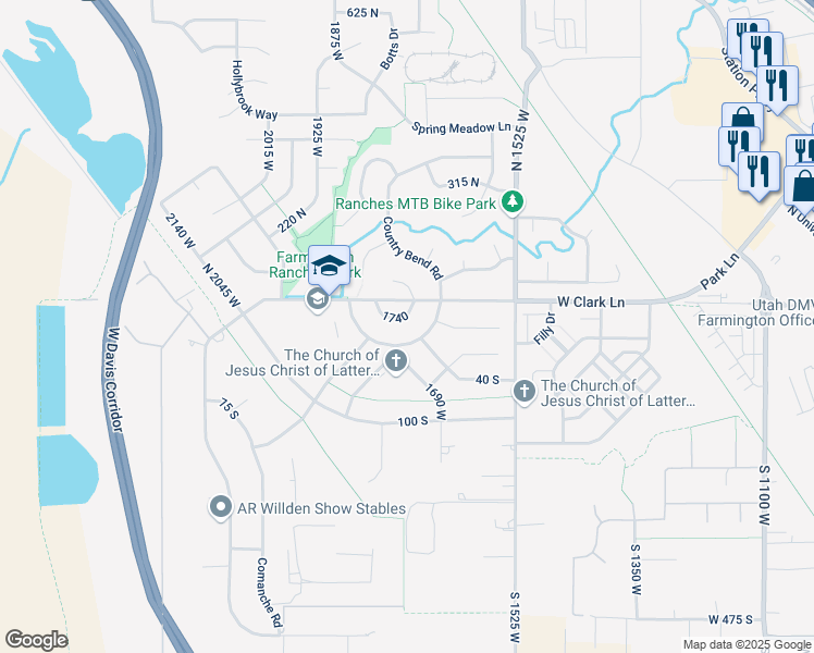 map of restaurants, bars, coffee shops, grocery stores, and more near 74 North Wagon Wheel Circle West in Farmington