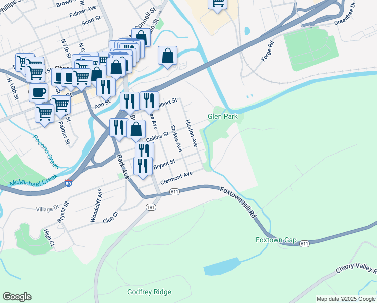 map of restaurants, bars, coffee shops, grocery stores, and more near 310 Bryant Street in Stroudsburg