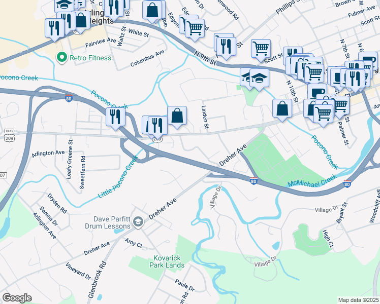 map of restaurants, bars, coffee shops, grocery stores, and more near 25 Garden Street in Stroudsburg