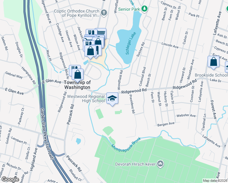 map of restaurants, bars, coffee shops, grocery stores, and more near 660 Ridgewood Road in Township of Washington