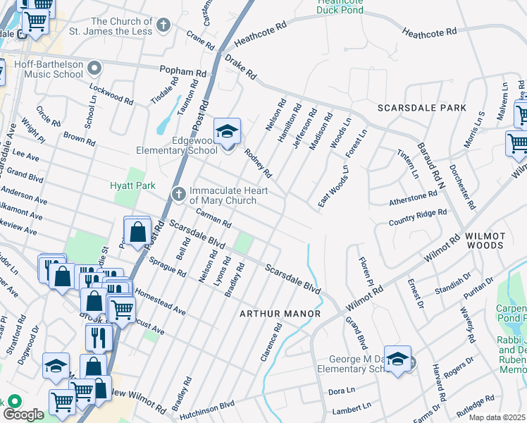map of restaurants, bars, coffee shops, grocery stores, and more near 30 Barry Road in Scarsdale