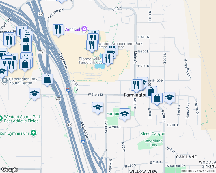 map of restaurants, bars, coffee shops, grocery stores, and more near 76 North 200 West in Farmington