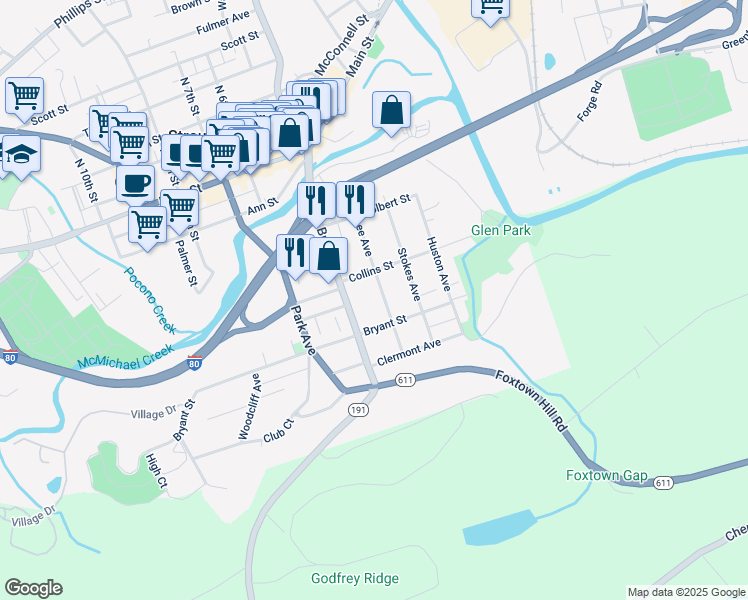 map of restaurants, bars, coffee shops, grocery stores, and more near 223 Lee Ave in Stroudsburg