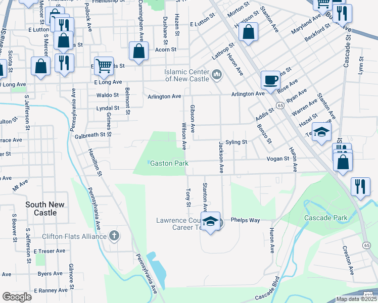 map of restaurants, bars, coffee shops, grocery stores, and more near 1611 Wilson Avenue in New Castle