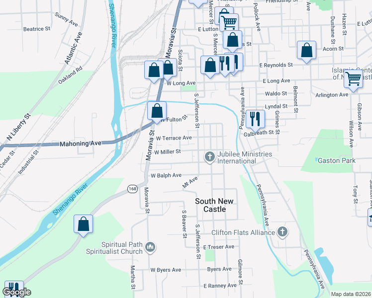 map of restaurants, bars, coffee shops, grocery stores, and more near 14 West Miller Street in New Castle