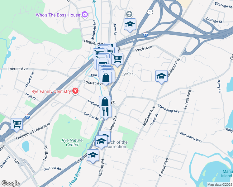 map of restaurants, bars, coffee shops, grocery stores, and more near 3 Ralston Street in Rye