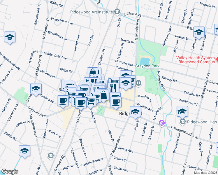map of restaurants, bars, coffee shops, grocery stores, and more near 80 North Walnut Street in Ridgewood