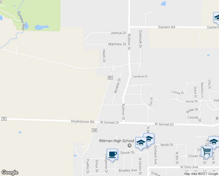 map of restaurants, bars, coffee shops, grocery stores, and more near 306 Decourcey in Rittman