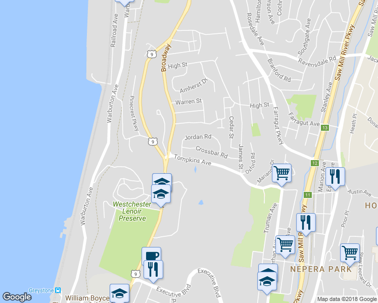 map of restaurants, bars, coffee shops, grocery stores, and more near 24 Crossbar Road in Hastings-on-Hudson