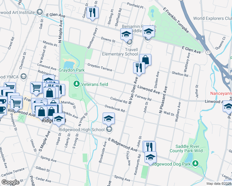 map of restaurants, bars, coffee shops, grocery stores, and more near 458 Fairway Rd in Ridgewood