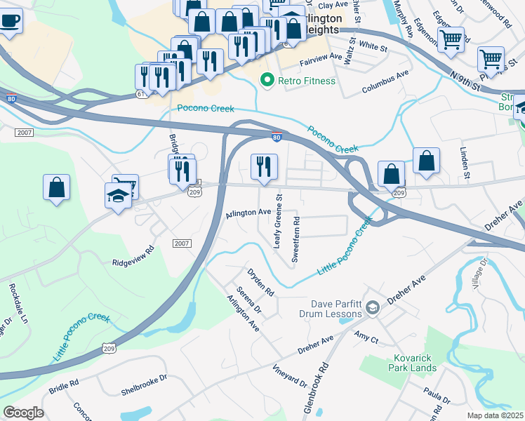 map of restaurants, bars, coffee shops, grocery stores, and more near 34 Jane Street in Stroudsburg