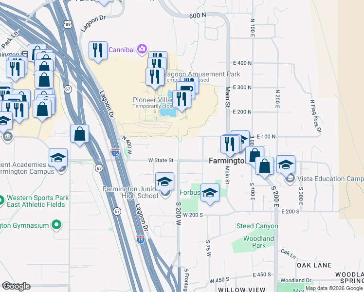 map of restaurants, bars, coffee shops, grocery stores, and more near 76 North 200 West in Farmington