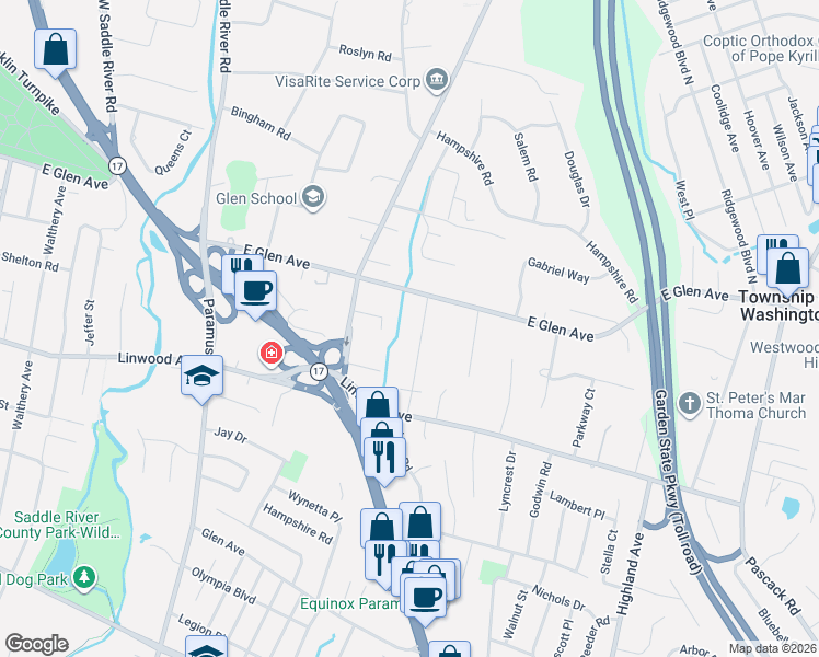 map of restaurants, bars, coffee shops, grocery stores, and more near 254 Gateway Road in Ridgewood
