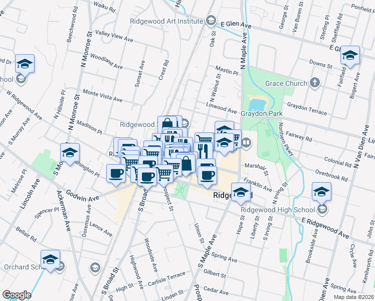 map of restaurants, bars, coffee shops, grocery stores, and more near 80 North Walnut Street in Ridgewood