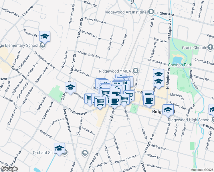 map of restaurants, bars, coffee shops, grocery stores, and more near in Ridgewood