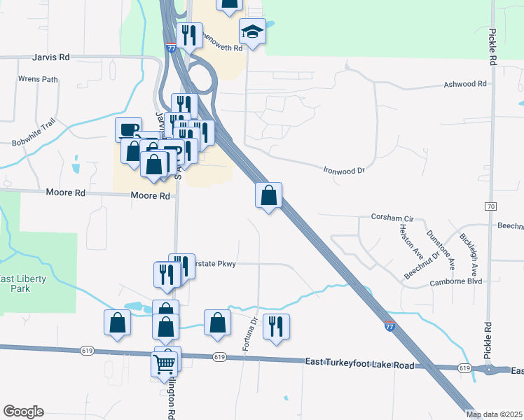 map of restaurants, bars, coffee shops, grocery stores, and more near 3325 Fortuna Drive in Akron