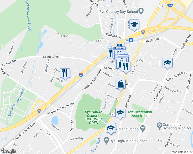 map of restaurants, bars, coffee shops, grocery stores, and more near 99 Orchard Avenue in Rye