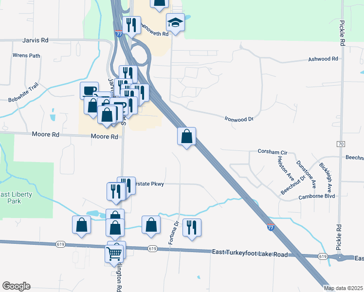 map of restaurants, bars, coffee shops, grocery stores, and more near 3325 Fortuna Drive in Akron