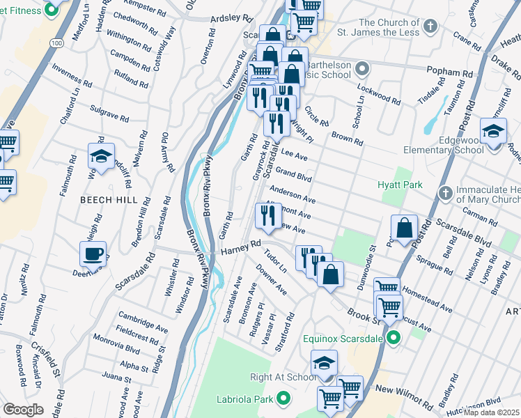 map of restaurants, bars, coffee shops, grocery stores, and more near 1 Lakeview Avenue in Scarsdale