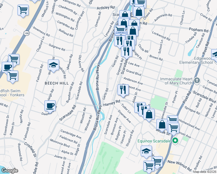 map of restaurants, bars, coffee shops, grocery stores, and more near 250 Garth Road in Scarsdale