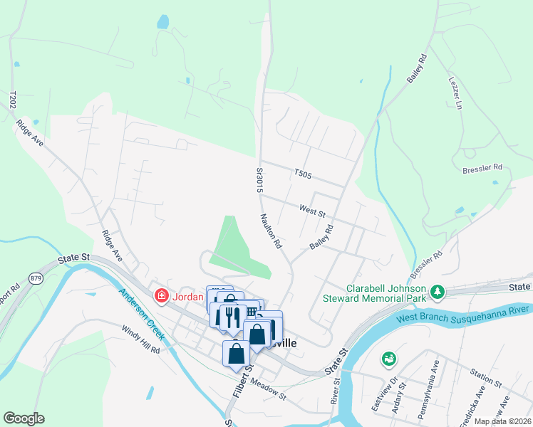 map of restaurants, bars, coffee shops, grocery stores, and more near 184 Naulton Road in Curwensville