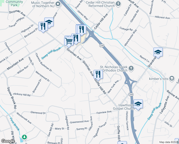 map of restaurants, bars, coffee shops, grocery stores, and more near 604 Sicomac Avenue in Hawthorne