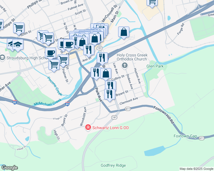 map of restaurants, bars, coffee shops, grocery stores, and more near 103 Broad Street in Stroudsburg