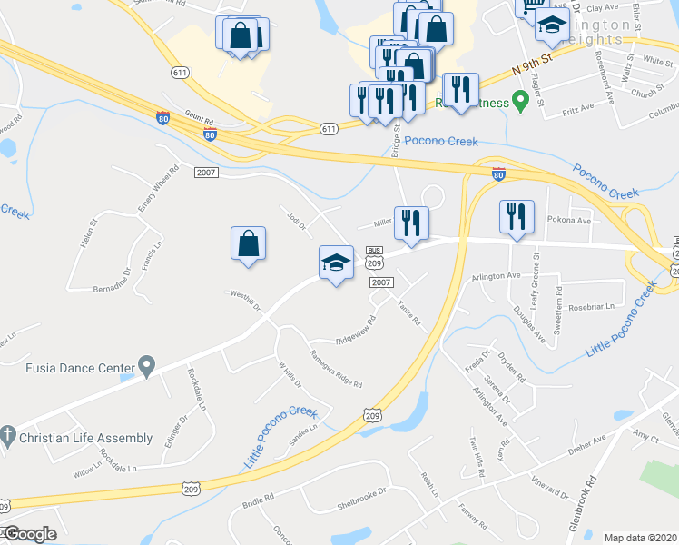 map of restaurants, bars, coffee shops, grocery stores, and more near 1991 West Main Street in Stroudsburg