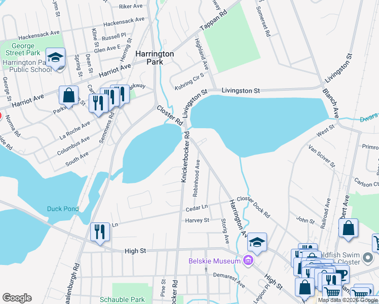 map of restaurants, bars, coffee shops, grocery stores, and more near 42 Knickerbocker Road in Closter