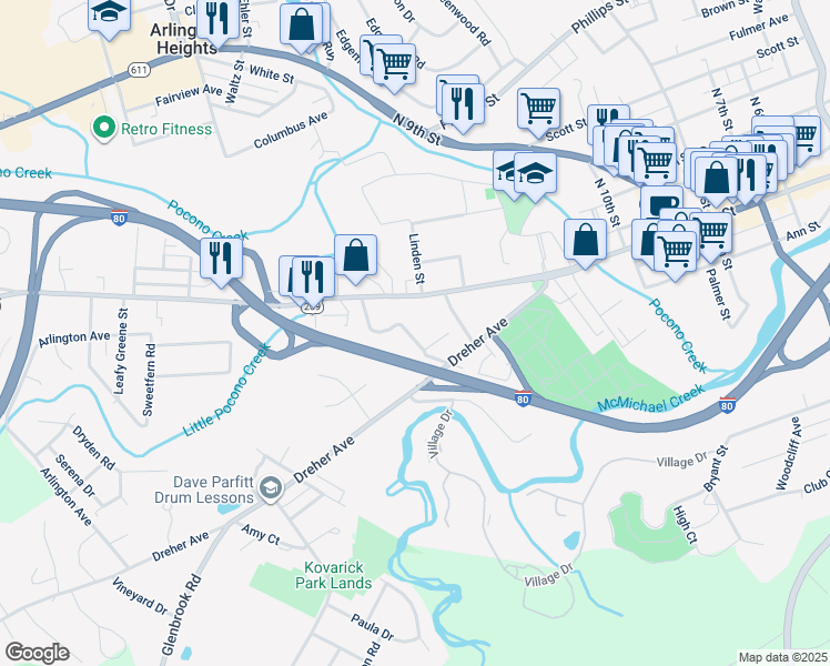 map of restaurants, bars, coffee shops, grocery stores, and more near 54 Garden Street in Stroudsburg